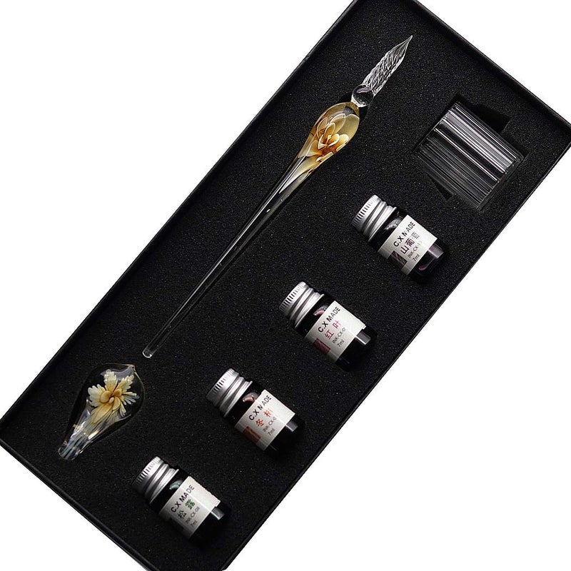 SIPLIV Crystal Glass Intarsia Dip Pen Fountain Pen Kit Vintage Calligraphy Signatures Pen with 4 Colors Ink, Pen Holder, Cleaning Cup, Yellow - Image 1